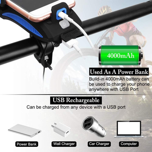 4 Em 1 Farol Bicicleta Suporte Celular Power Bank Buzina