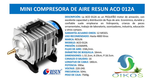 Imagen 3 de 10 de Mini Compresora Para Acuario Resun Aco-012a