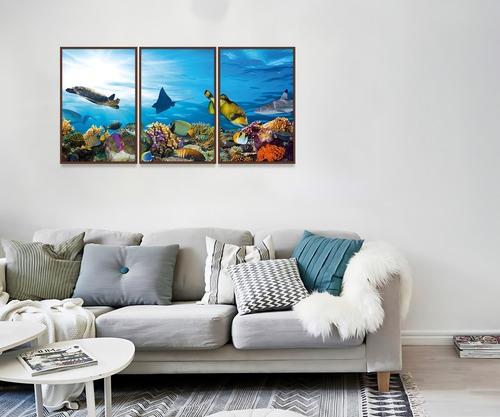 Imagen: pez, océano, mar, decoración de habitación, 40 x 60, kit, 3 pantallas a color, marco marrón