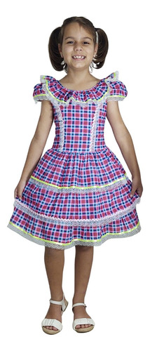 Vestido Junino Infantil Xadrez Pink Com Renda