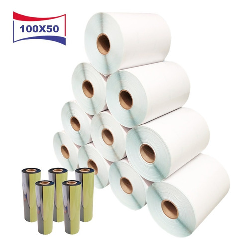 10 Rolos Etiquetas Adesivas 100x50 10x5 + 5 Ribbons Zebra
