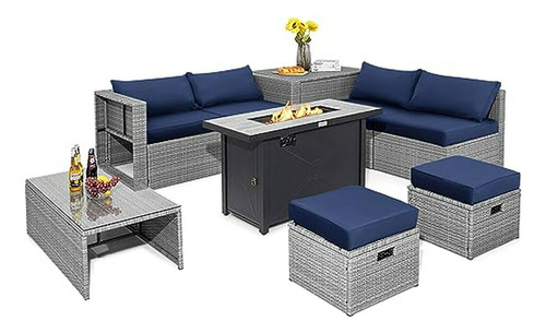 Set Muebles Patio 9 Pzs. Con Sofá, Mesa Fuego 60,000 Btu Y F