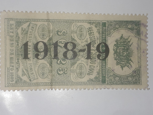 Estampilla Registro Civil Uruguay Año 1918 Impecable.