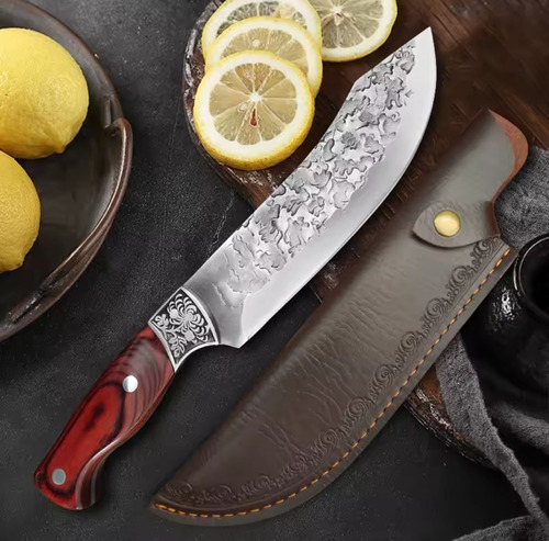 Cuchillo Forjado Acero Inoxidable Mango Madera Con Funda