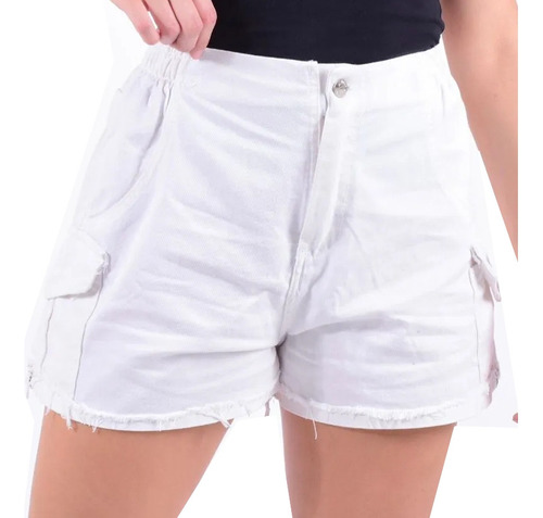 Short Jean Con Bolsillos Y Cintura Elastizada, Cargo, Mom