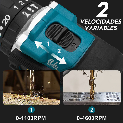 Taladro Percutor Atornillador Inalámbrico Mandril de 1/2'' con Asa Auxiliar 2Ah Gisam S3725 Color Azul