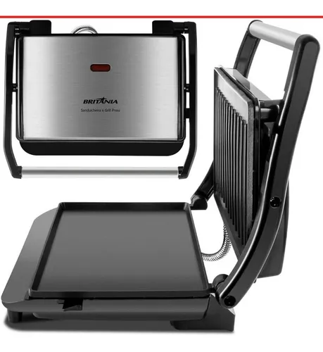 Grill Press Britânia Sanduicheira Preto Inox Misteira Grande Cor Preto/inox - Grill Britania Press Inox Antiaderente Compacto Prático E Eficiente 110v