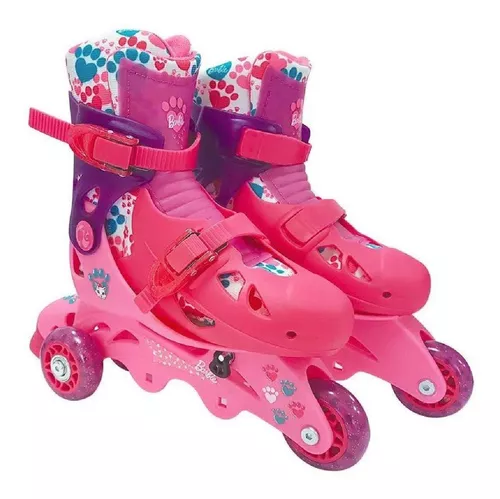 Patins Barbie 3 Rodas Rosa Ajustável 29 Ao 32 C/acessórios