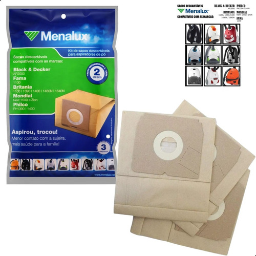 Kit 3 Sacos Descartáveis Menalux Para Aspirador De Pó Sim01