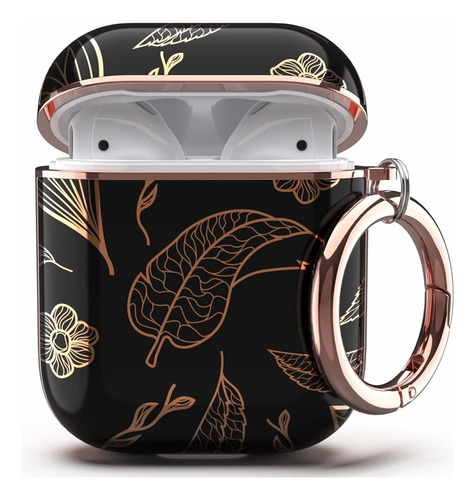 Funda Para AirPods 1 Y 2 Diseño Hojas Color Negro Con Clip