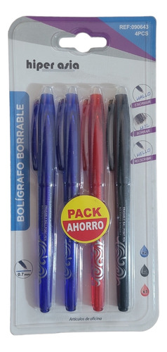 Pack 4 Bolígrafos Tinta Borrable Con Goma