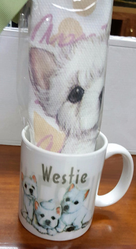 Mug Porcelana Perro Westie Y Toalla De Cocina