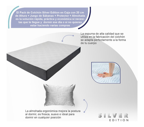 Colchón Matrimonial 20 Cm + Sábanas, Protector Y Almohada Blanco Con Gris