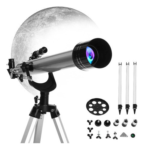 Telescópio Refrator Prateado 60mm Com Tripé Ajustável Luneta