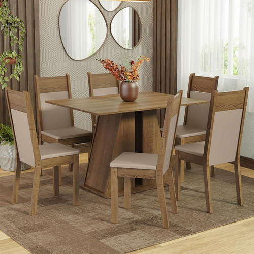 Sala Jantar Mesa Tampo Madeira 6 Cadeiras Beverly Madesa R Cor Rustic/Sintético Bege