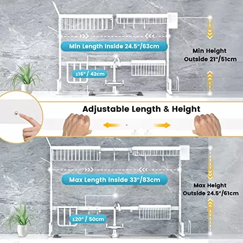 MERRYBOX Escurridor de platos sobre el fregadero de longitud ajustable  (25-33 pulgadas), escurridor de platos de 2 niveles sobre el fregadero con