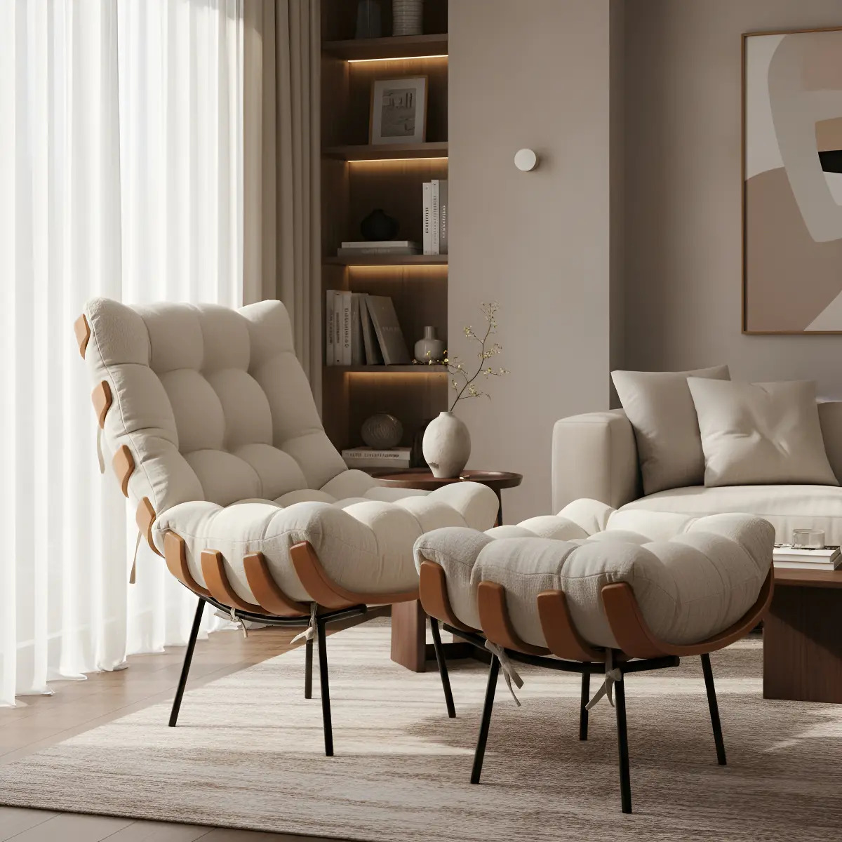 Poltrona Costela Com Puff Linho Para Sala Quarto Luxo Cor Poltrona Costela E Puff Linho Cru Desenho Do Tecido Poltrona Linho