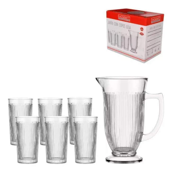 Jarra de Vidro 1,3 Litro com 6 Copos Hauskraft Transparente Lira