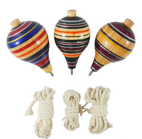 3 Trompos De Madera Artesanal Con Cuerda Colorido
