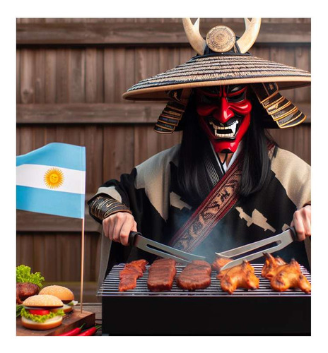 Vinilo 60x60cm Samurai Cocinando Asado Parrilla Comida