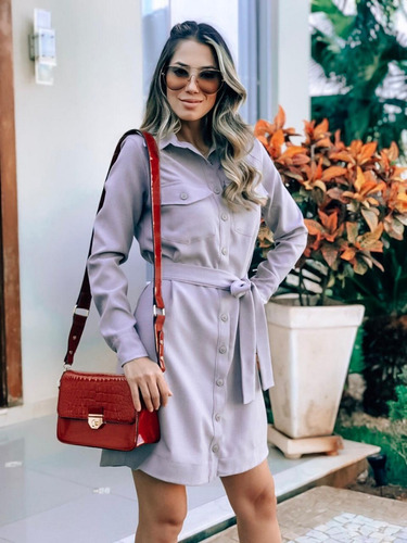 Vestido Chamisieri Curto M Longa C/ Cinto Linho Cinza