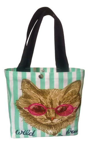 Bolso De Mano Con Fuelle Estampado De Gato Lona 20x20cm