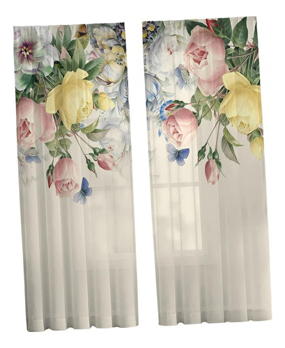 Cortinas Transparentes Con Estampado De Flores De 132x183cm