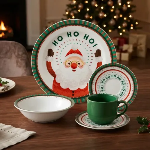 Jogo De Jantar Natal Encantado Dolce Home  16 Peças Verde E Vermelho Decorado Papai Noel Ho Ho Ho