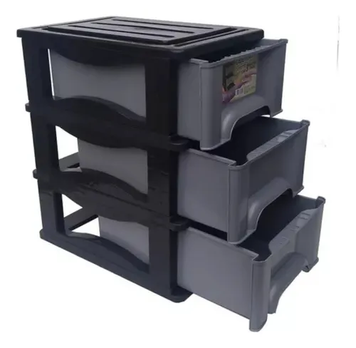 Cajón de plástico con 3 cajones, negro y gris