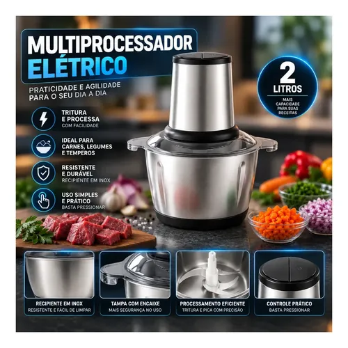 Multiprocessador Elétrico 2L 400W Inox Triturador Moedor Picador de Alimentos para Carne Legumes Alho Temperos Cozinha Hardline