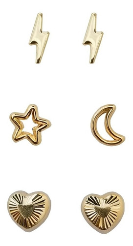 Arete Rayo, Estrella Y Luna Y Corazón. Set 3 Pares, Oro 10k 