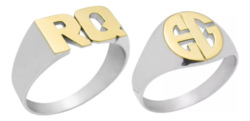 Combo 2 Anillos Iniciales Oval Rectangular Plata 925 Oro 18k