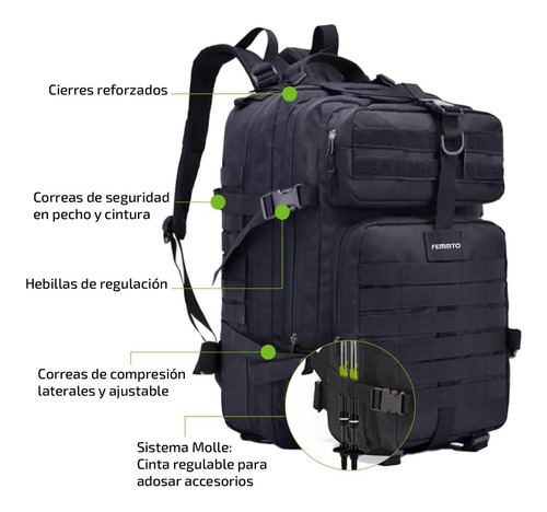 Imagen 2 de 9 de Mochila Tactica Femmto 40 Litros Camping Mochilero Trekking