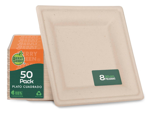 50 Platos Desechables Grandes 100% Compostables 8x8''