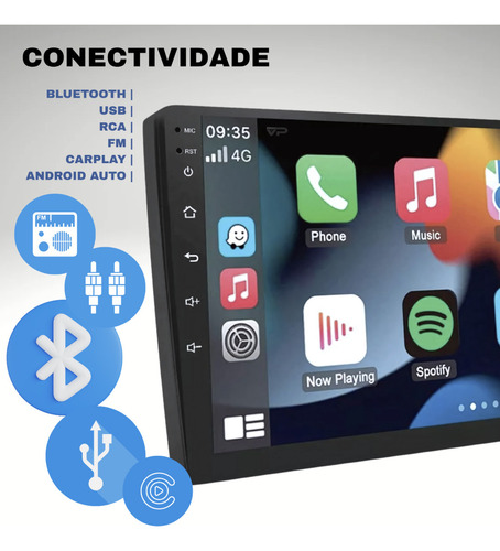 Multimídia H-tech Ht-9000 Mp5 2 Din 9 Pol Usb Sd Aux Bt CarPlay e Android Auto via cabo.
