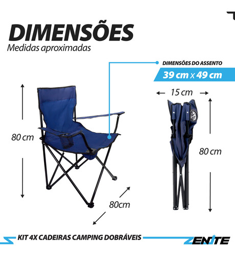Kit 4 Cadeiras Praia Camping Dobrável Braço C/ Porta Copos + Bolsa Azul Zenite