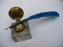 Comprar Tintero Antiguo De Cristal Y Bronce Con Pluma De Inmersión