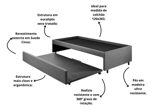 Bicama Box Suede Casal 120x203 Para Dois Colchões Cor Cinza Bicama Box Suede Viúva 120x203 Para Dois Colchões