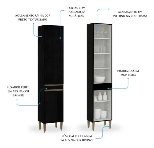 Paneleiro 2 Portas Para Cozinha Modulada Milão Preto 182cm