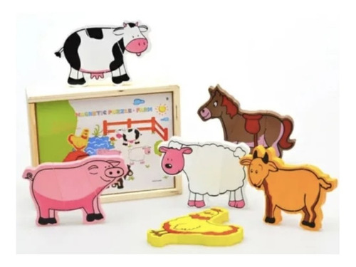 Didáctico Animales De Granja Madera Montessori Puzzle Imán