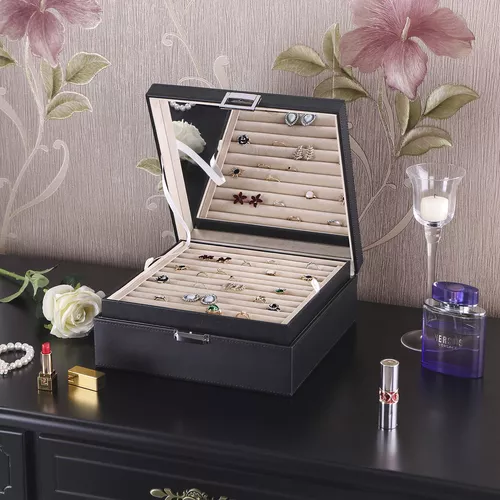 BEWISHOME Organizador de anillos y soporte para caja de aretes, 11 ranuras  para anillos, 25 compartimentos para aretes, espejo grande, 2 capas