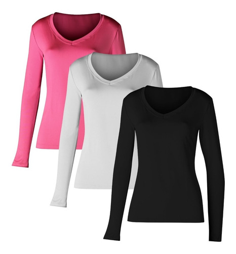 Kit 3 Camiseta Gola V Feminina Longa Proteção Solar Uv50+  