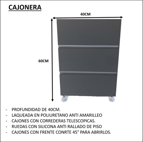 Imagen 3 de 8 de Cajonera Movil Laqueada Negra Con 3 Cajones Oficina Hogar