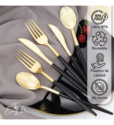 Cubiertos Gourmet Oro Mango Negro Cena Easy Table Boda Gold Negro Oro