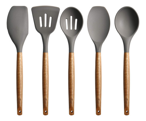 Miusco Juego Utensilio Cocina Silicona Mango Madera Dura