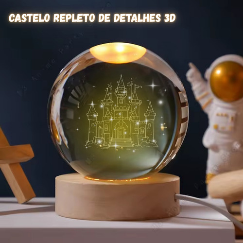 Luminária De Mesa Cristal 3d Globo Constelação Amarelo Castelo