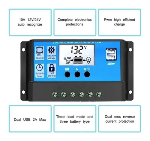 Regulador Controlador De Carga Panel Solar 10a Pwm 12v/24v