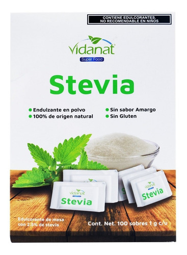 Stevia 100 Sobres De 1g Vidanat Endulzante En Polvo Natural