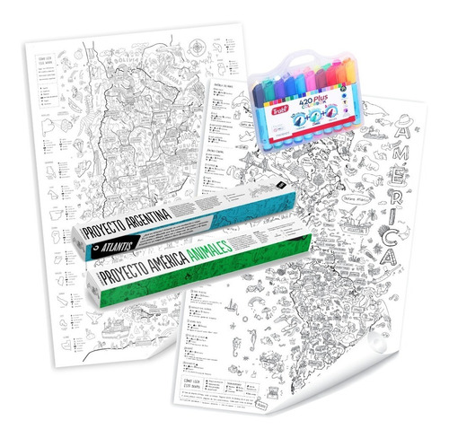 Set 2 Mapas Gigantes Para Colorear + Valija 20 Fibras Trabi