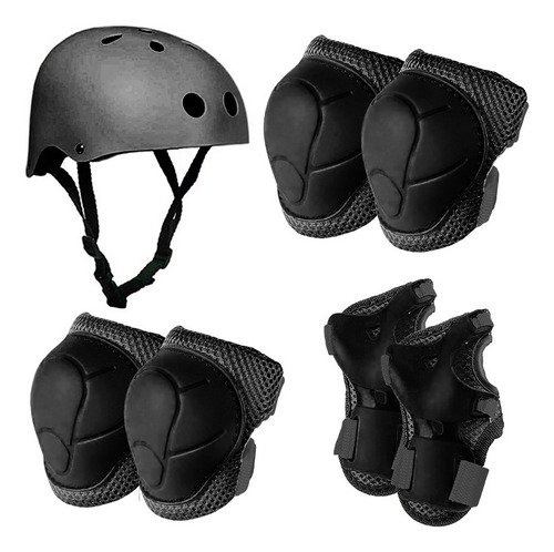 Set Protección Niño Negro Casco Rodillera Codera Muñequera